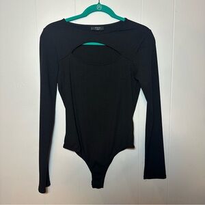 Vici Black, cut-out, Long Sleeve, ribbed, Bodysuit- y2k